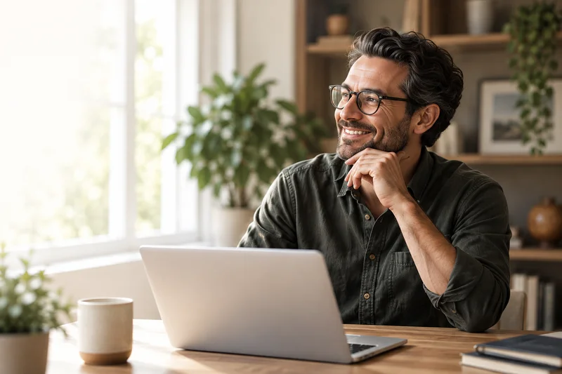 Illustrative portrait of a business owner at a laptop in a sunlit office.